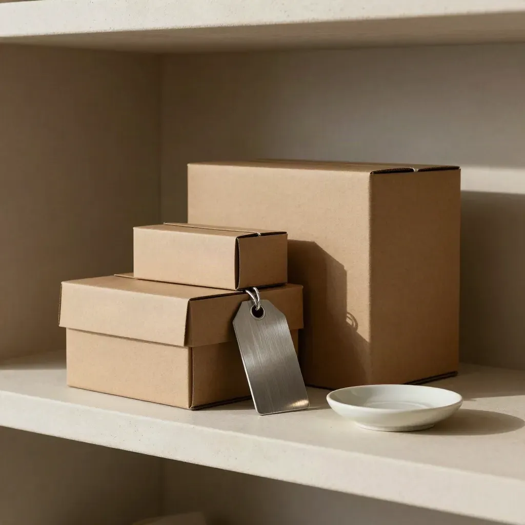 Nested kraft boxes with a metal tag and ceramic dish on a plaster shelf