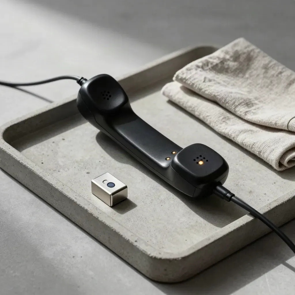 Black handset dock with glowing lights, cable loop, and test box on a concrete tray.