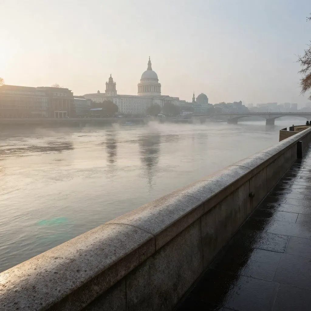 London Thames embankment at dawn, misty river plane and distant dome above calm stone.