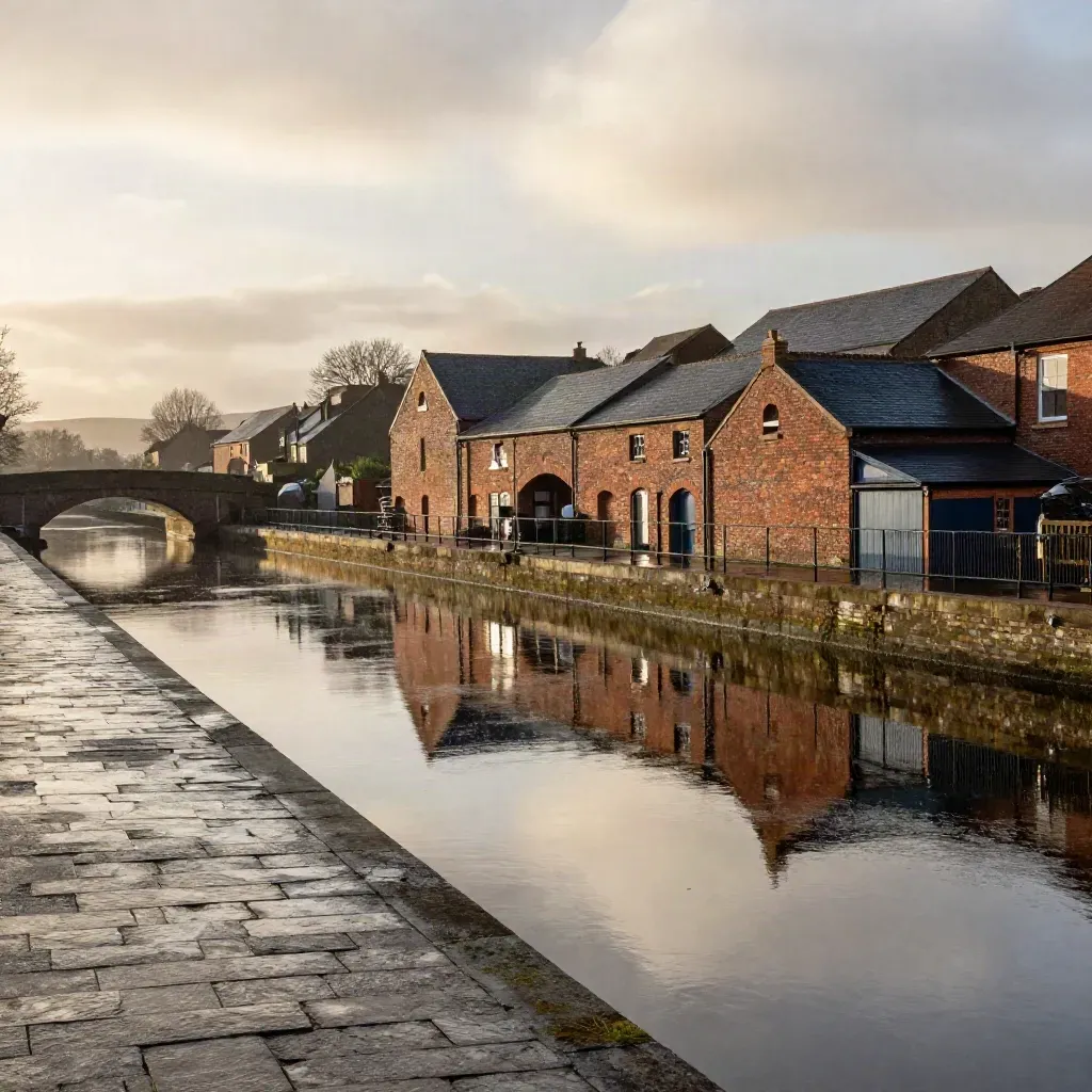 North West viaduct and canal skyline in warm post-squall golden light over still water