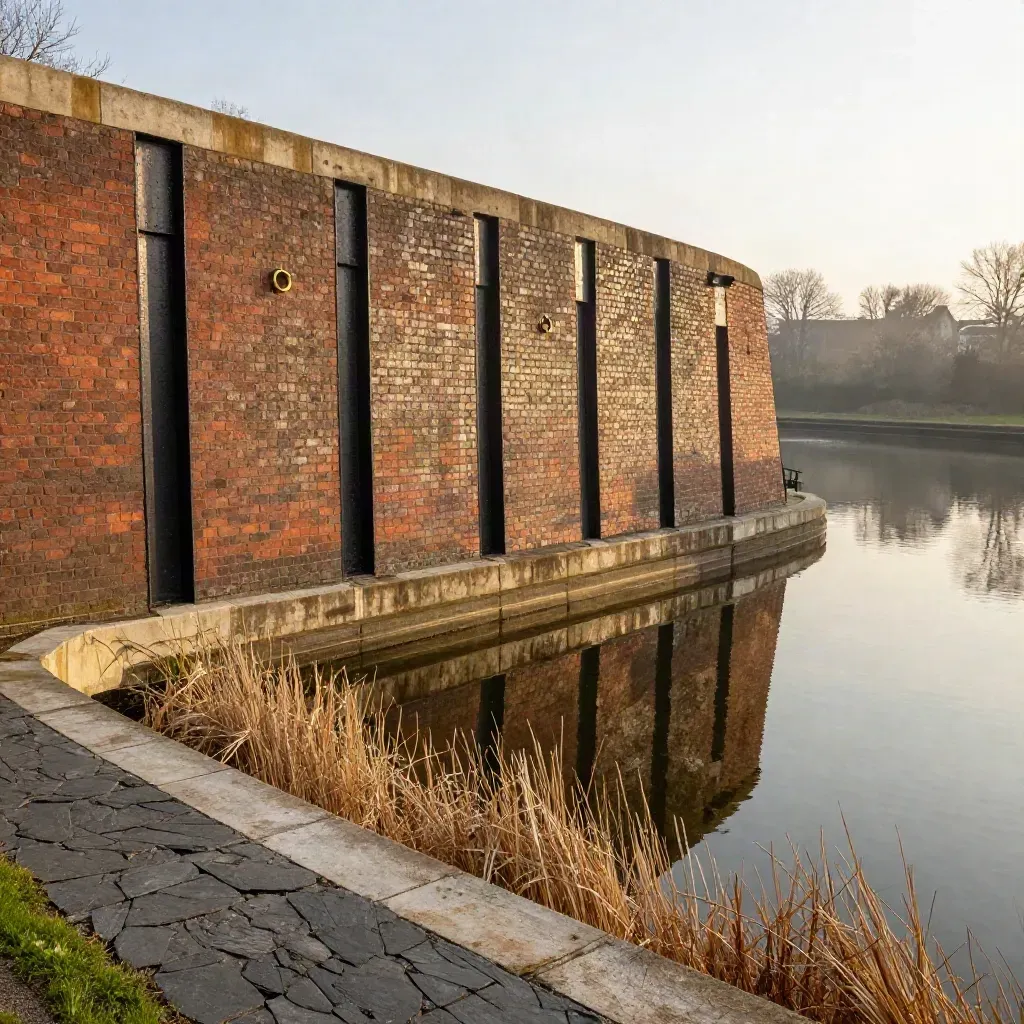 Red-brick canal edge and iron arch over still basin in Midlands haze.