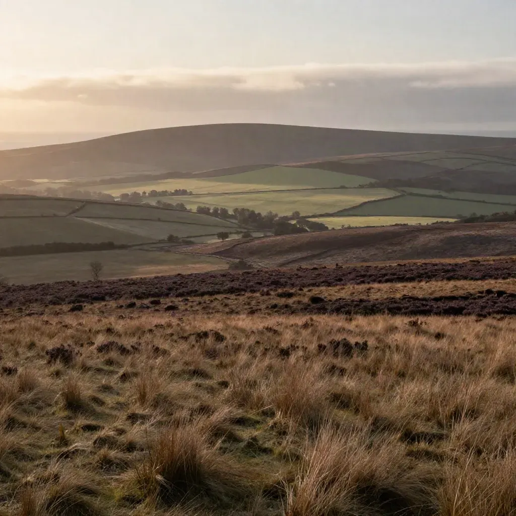 Evening UK moorland with distant coastal line and layered hills under warm haze.