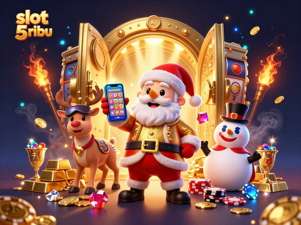 Spin to win with slot 5 ribu, showcasing a magical casino scene with Santa and riches.