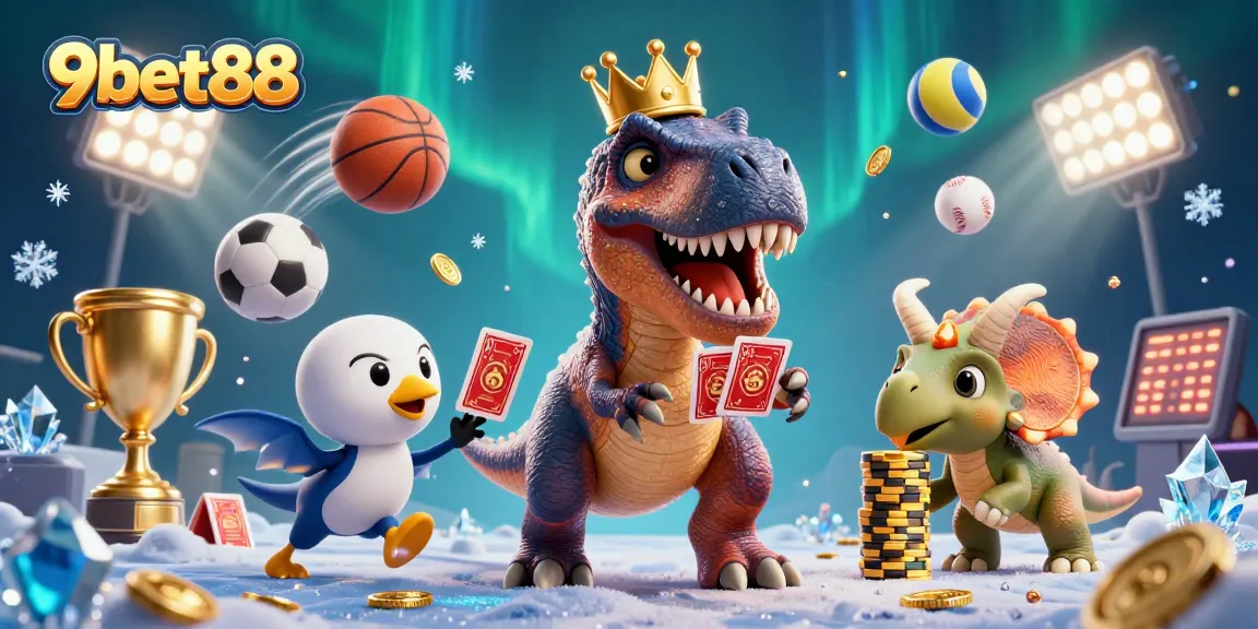 Experience thrilling gameplay with 9bet88 as cartoon dinosaurs engage in dynamic casino fun with cards and chips.