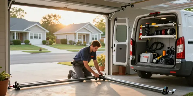 Technician repairing a roller door stuck, surrounded by tools and parts in a sunny garage.