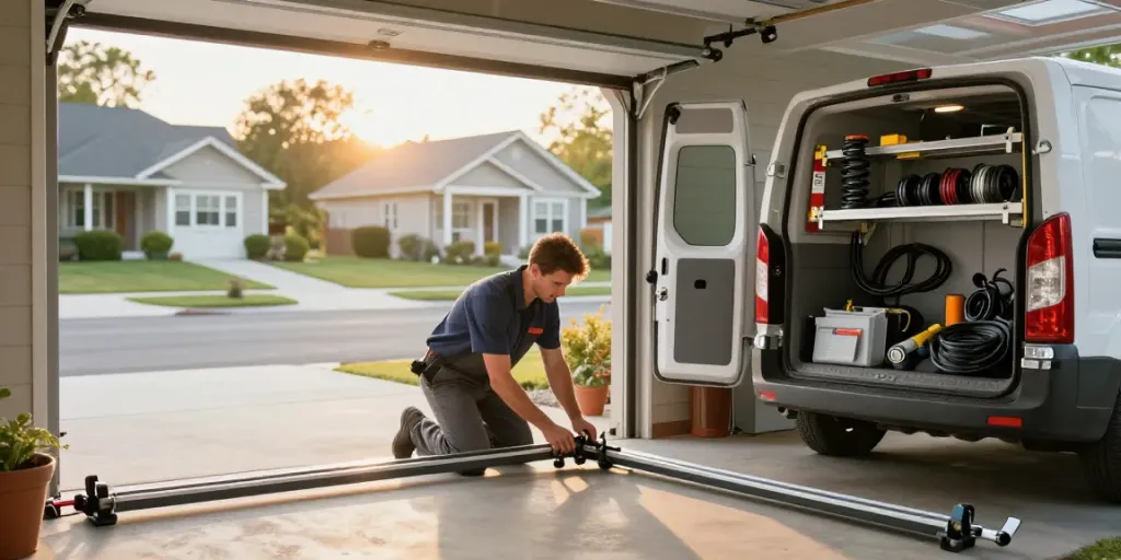 Technician repairing a roller door stuck, surrounded by tools and parts in a sunny garage.