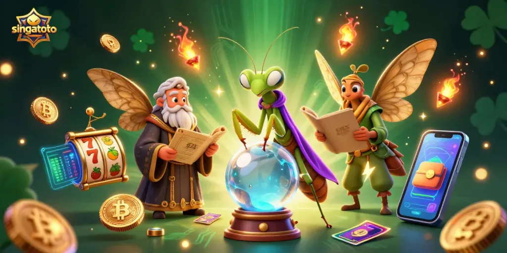 Engage with singatoto's vibrant gaming scene featuring a mystical fortune teller and exciting slot elements.