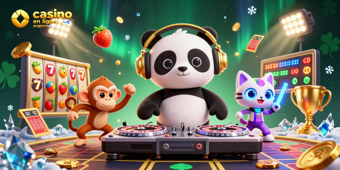 Le DJ panda anime joue au casino en ligne argent réel, entouré de symboles de machines à sous.