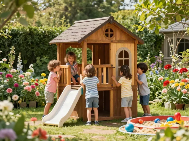 Children's wooden playhouses surrounded by a beautiful garden, fostering outdoor play and joy.