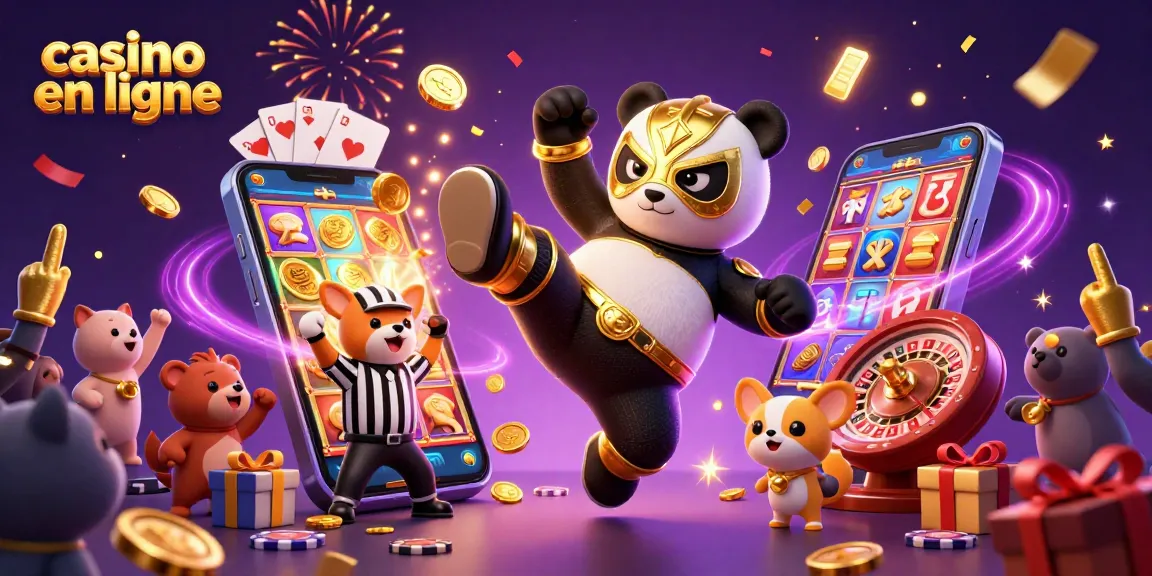 Animation captivante sur le casino en ligne avec un panda lutteur et des animaux célébrant.