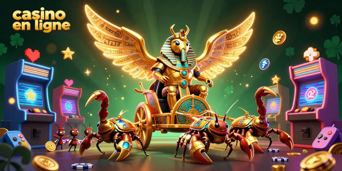 Découvrez un monde de jeu avec cette illustration captivante de casino en ligne, présentant un scarabée doré majestueux et des scorpions.