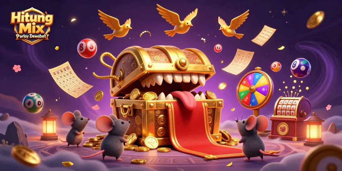 Hitung Mix Parlay Dewabet showcases an enchanting treasure chest scene filled with vibrant lottery elements.