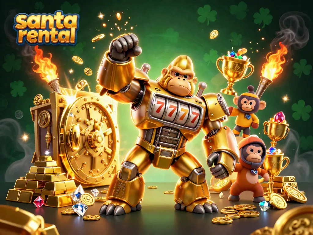 Experience the thrill of santa rental with dynamic gold and slot elements in this 3D rendering.