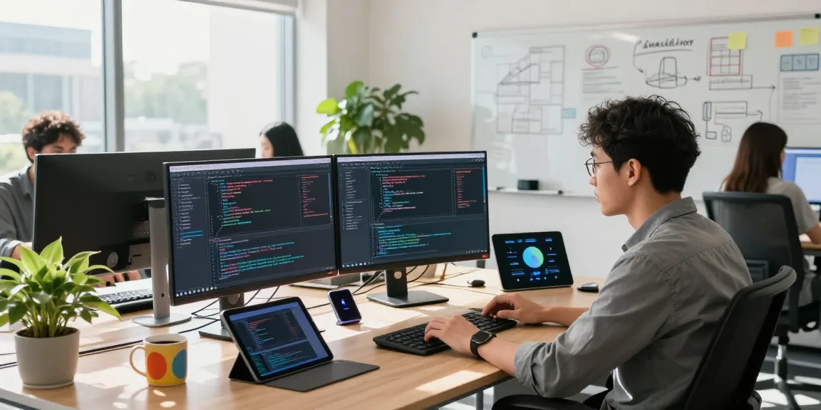 Motchill: Innovative tech workspace with a developer coding, multiple screens, and a collaborative environment.