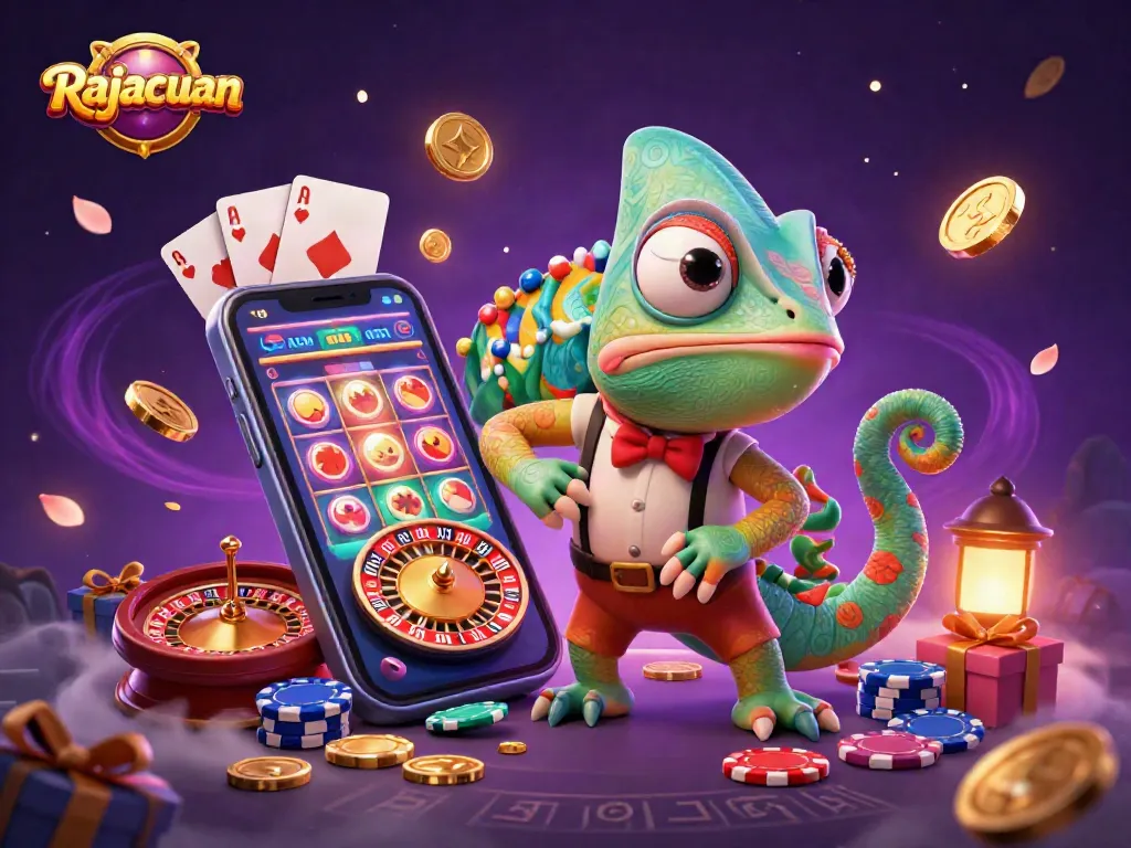 Rajacuan offers a vibrant casino experience with an animated chameleon character capturing golden coins dynamically.