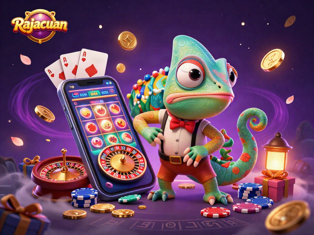 Rajacuan offers a vibrant casino experience with an animated chameleon character capturing golden coins dynamically.