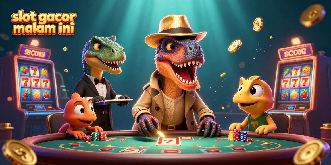 Visualisasi slot gacor malam ini dengan karakter kartun 3D bermain slot dan suasana kasino.