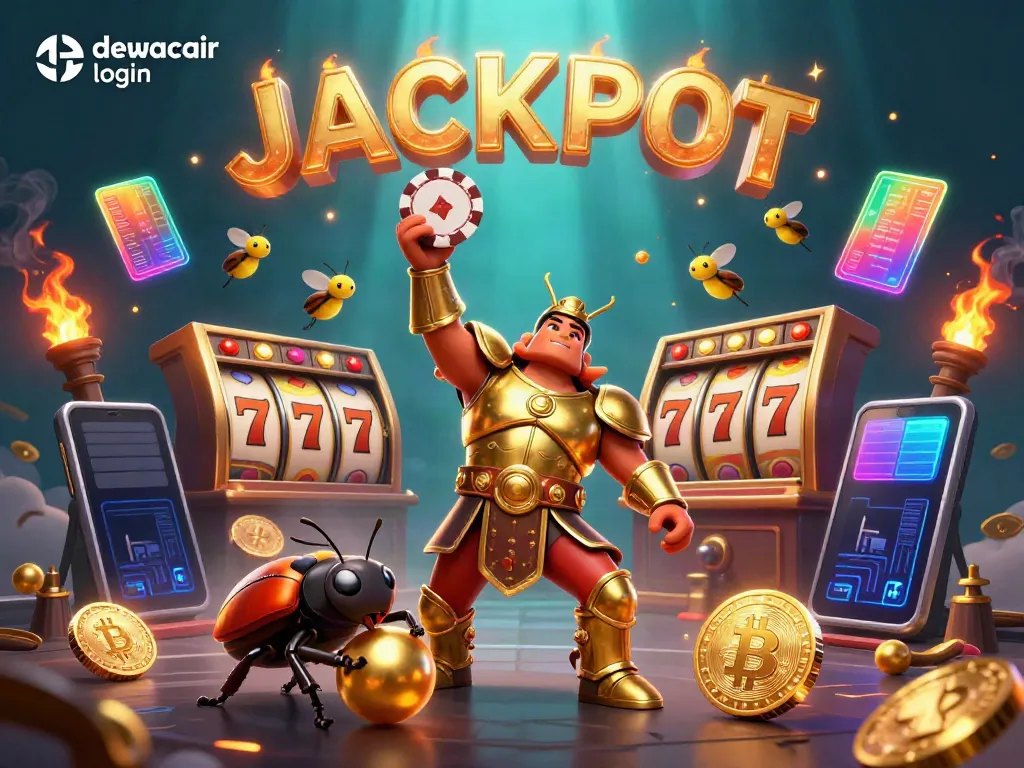Engage with dewacair login as a hercules beetle triumphs in a 3D casino scene, showcasing jackpots and crypto elements.