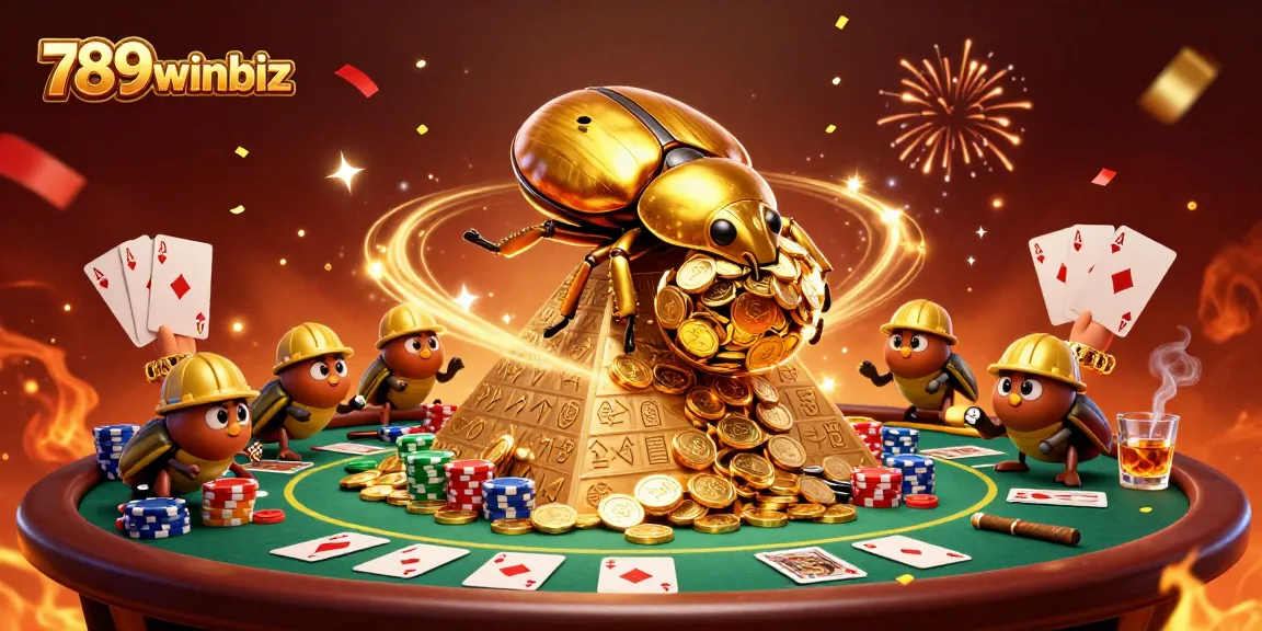 Experience the vibrant world of 789winbiz with golden beetles and poker elements in this dynamic casino scene.