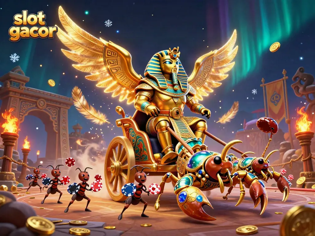 Experience thrilling gaming adventures at slot gacor with a dynamic 3D illustration of a golden scarab beetle and scorpions.