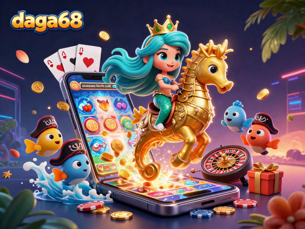 daga68 offers thrilling gameplay with vibrant casino elements featuring a mermaid on a seahorse.