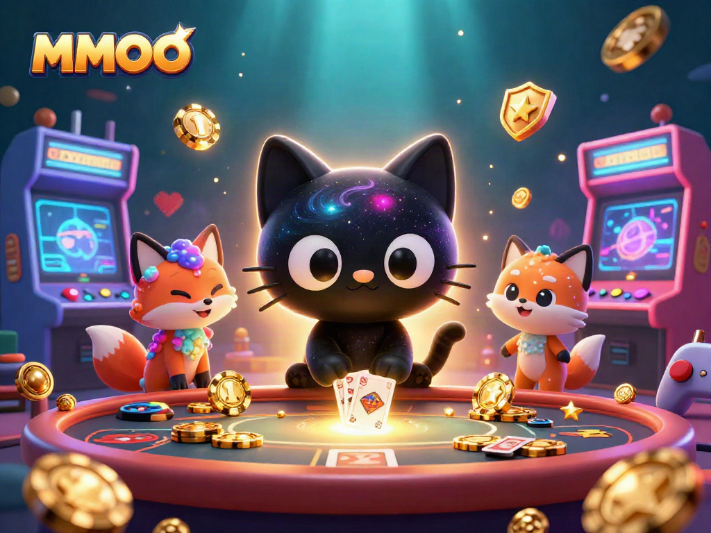Immerse in MMOO's vibrant cosmic casino scene, featuring a black hole cat and colorful game elements.