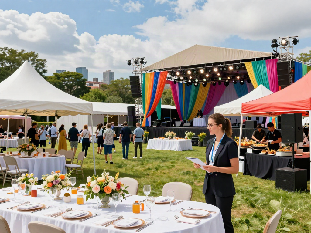 Event rentals scene showing vibrant setup for an outdoor festival with tents, tables, and lively atmosphere