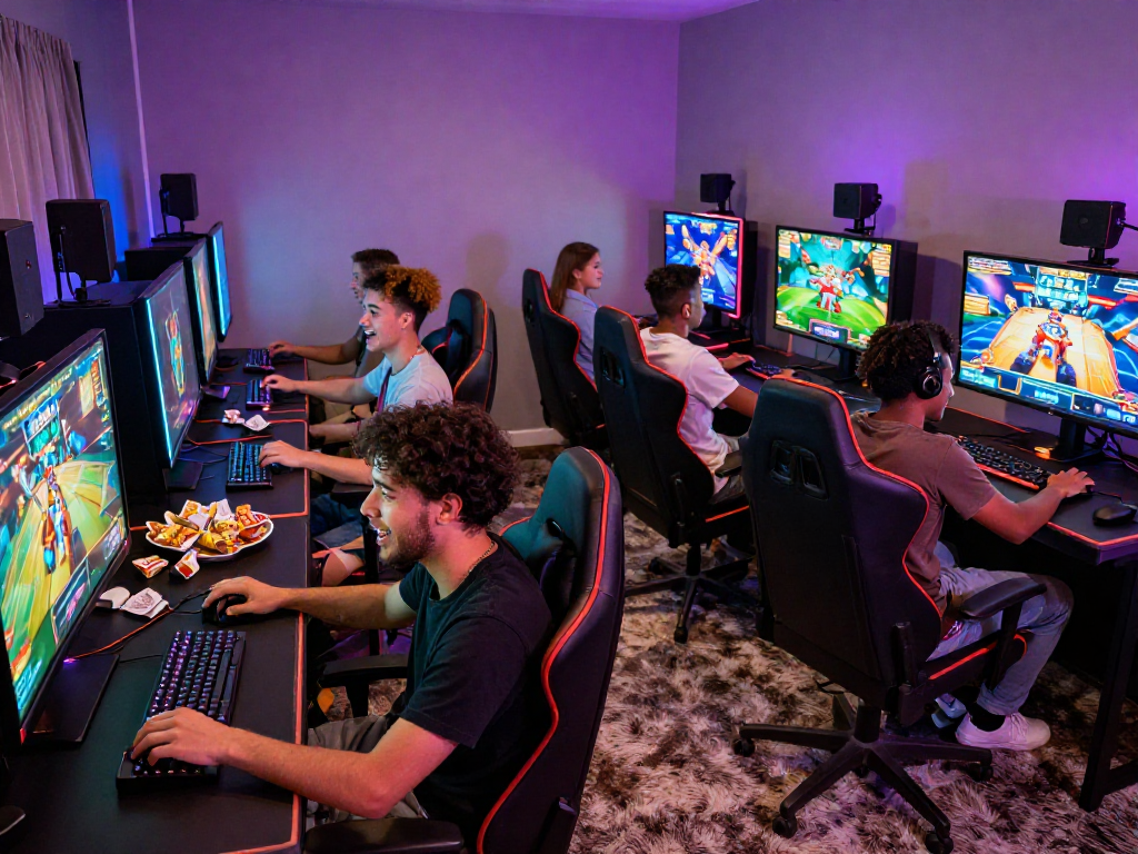 Friends playing a slot game together in a vibrant gaming lounge.