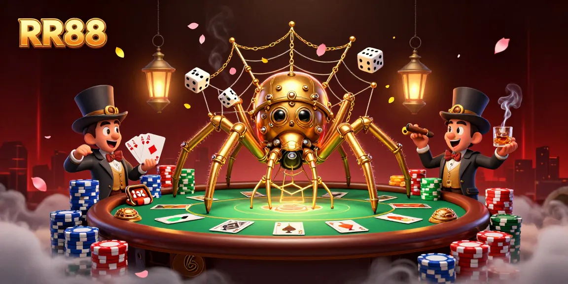 RR88 showcases an intricate scene of a golden spider and a fly gentleman amid dynamic poker elements.