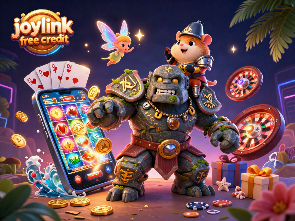Experience joylink free credit with this vibrant casino-themed 3D illustration showcasing gaming magic.