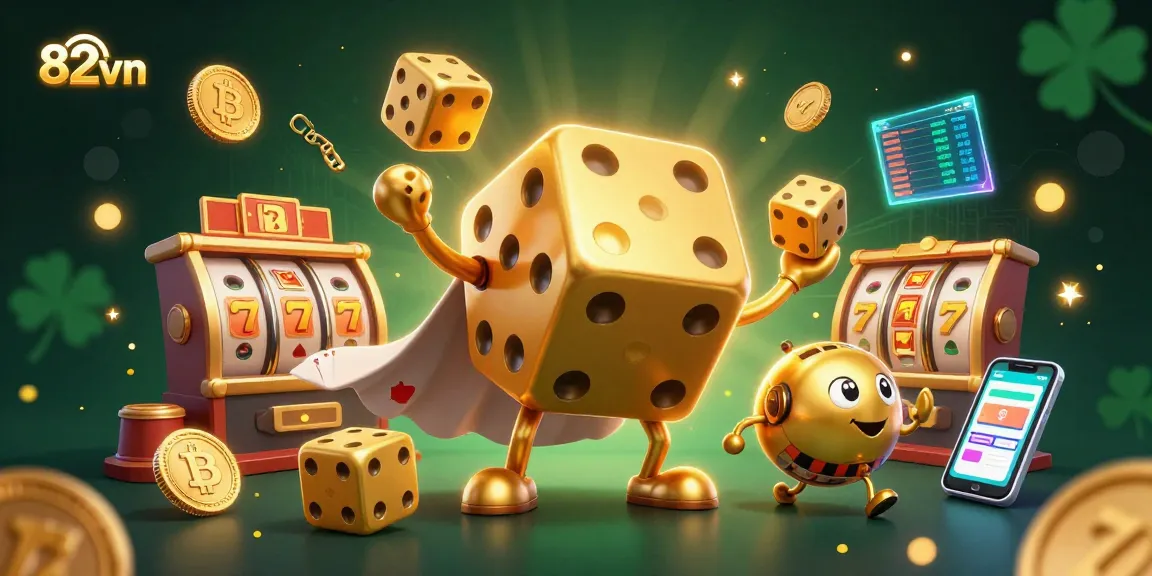 Experience thrilling slots at 82vn with vibrant jackpot symbols, golden dice, and crypto elements.