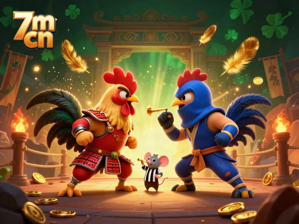 Engage with the fierce showdown between 7m cn's roosters in a traditional arena, highlighting vibrant details and golden accents.