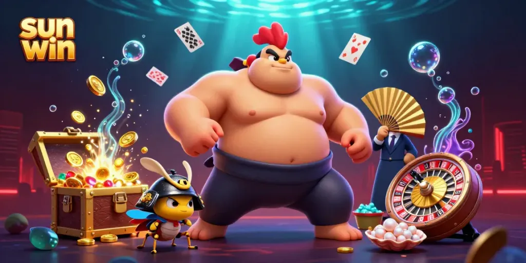 Experience excitement with sun win at a vibrant 3D casino scene featuring a sumo rooster, a samurai cricket, and a tanuki announcer.