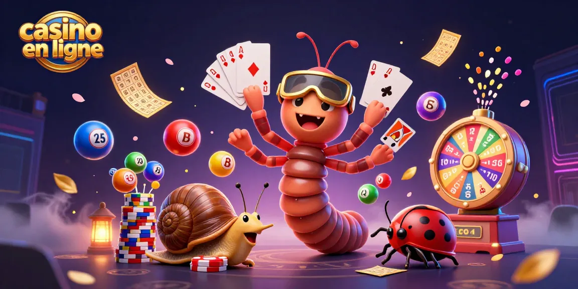 Illusion d'un casino en ligne où une mille-pattes distribue des cartes tout en un escargot fait rouler des jetons.
