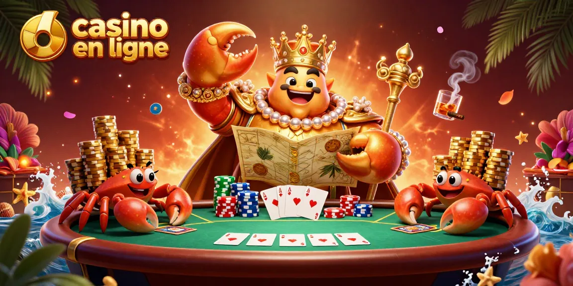 Illustration dynamique du casino en ligne avec un empereur crabe doré entouré de jetons et de cartes.