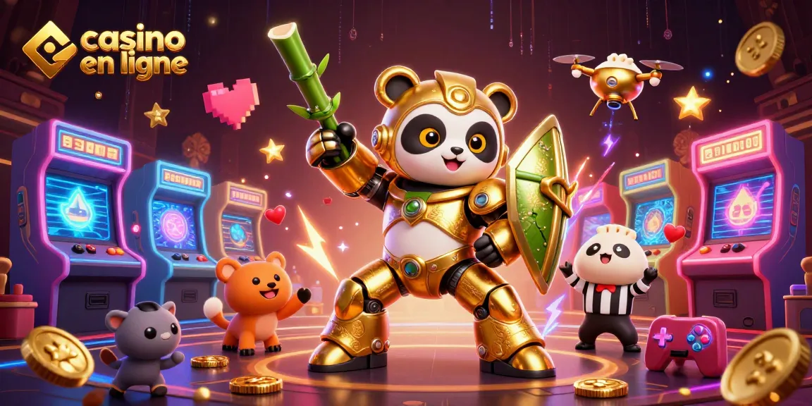 Des joueurs s'affrontent dans un monde de casino en ligne animé avec un panda doré et une robotique innovante.