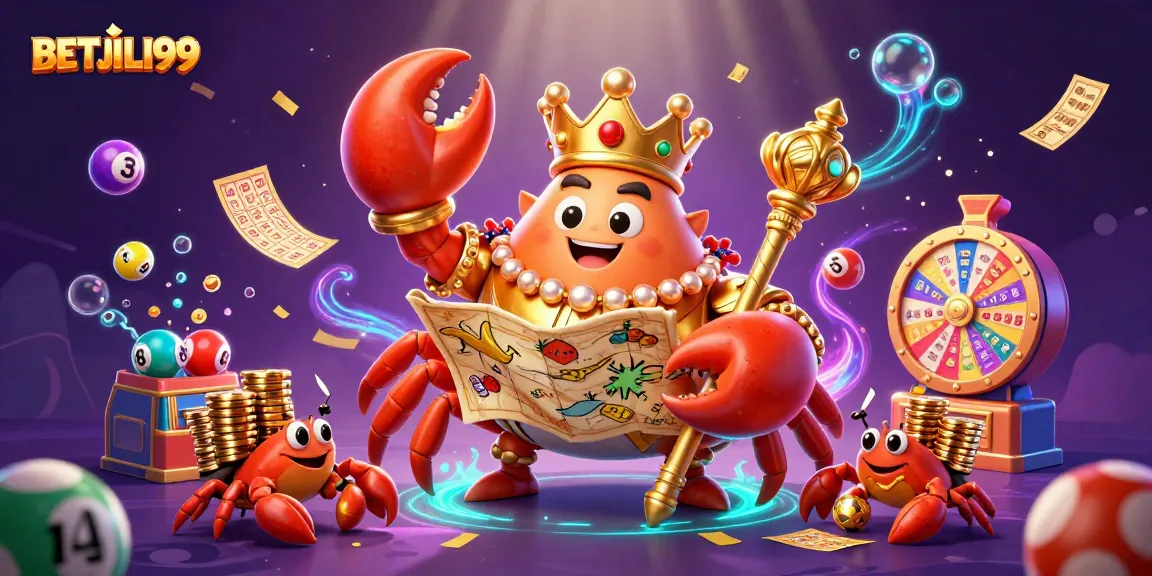 Experience thrilling gameplay at BETJILI99 with a golden crab emperor amidst casino riches and vibrant games.