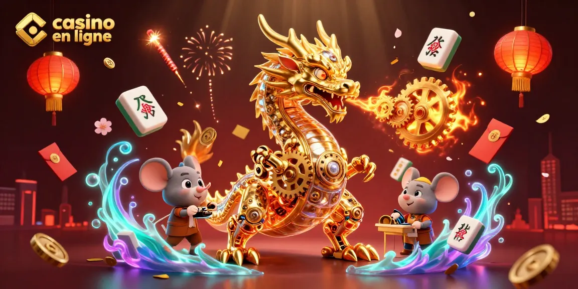 Casino en ligne - Illustration dynamique d'un dragon doré mécanique avec des éléments de jeu flottants.