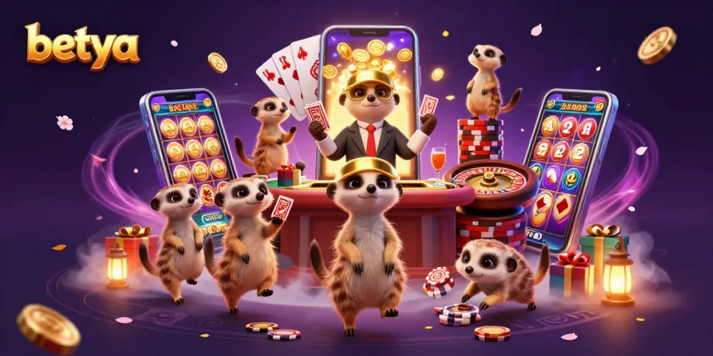 Betya meerkats orchestrate a vibrant casino scene, with slots and dynamic elements.