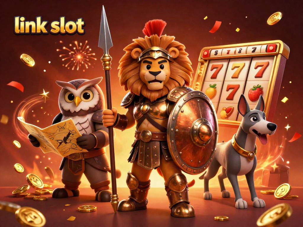Engaging scene showcasing 'link slot' with a triumphant Spartan lion, tactical owl, and swift greyhound amidst slot game symbols and celebratory elements.