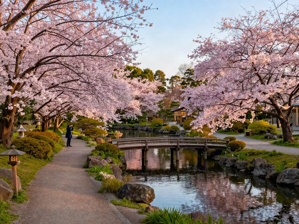 Pemandangan taman Jepang yang tenang dengan sakura88 mekar di musim semi.