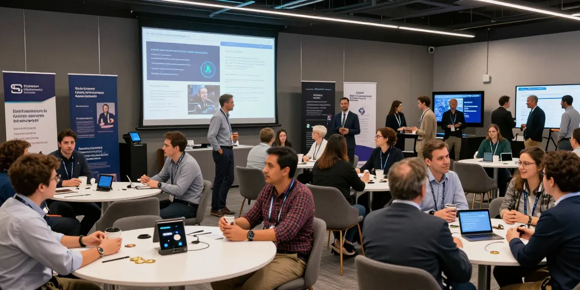 Diverse attendees engaging in discussions at a blockchain 2026 conference showcasing technology and innovation.