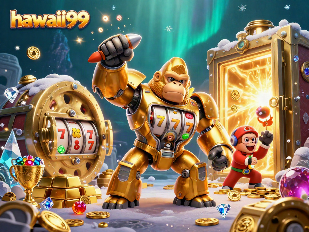 Engage with hawaii99's thrilling 3D slots experience featuring the golden gorilla mech.