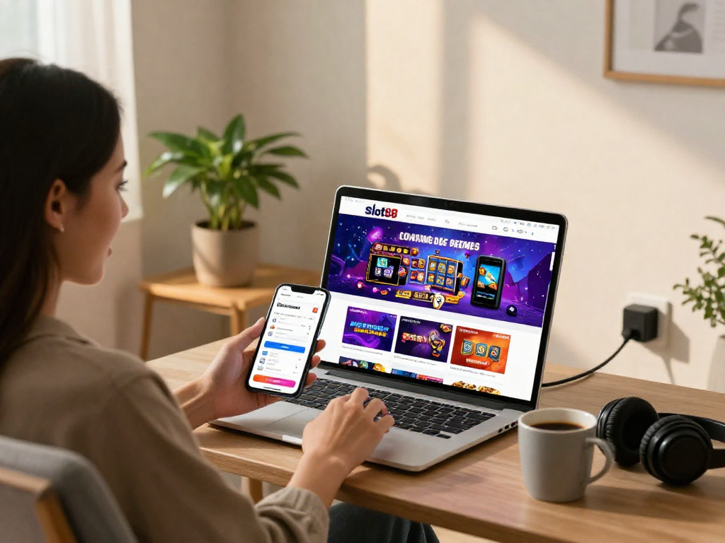 Customer exploring exciting slot88 games on a laptop while enjoying a cozy home environment.