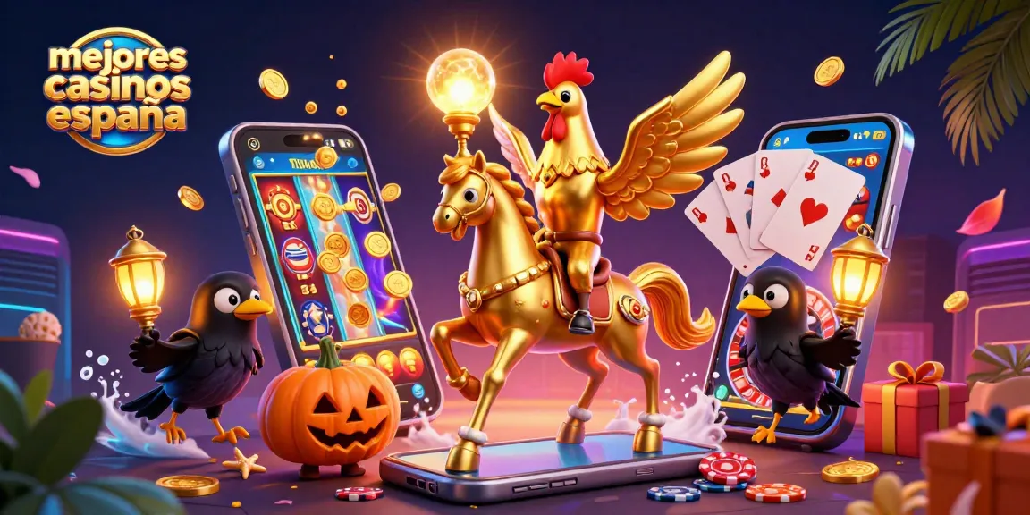 Ilustración de mejores casinos España con un gallo dorado en un casino mágico.