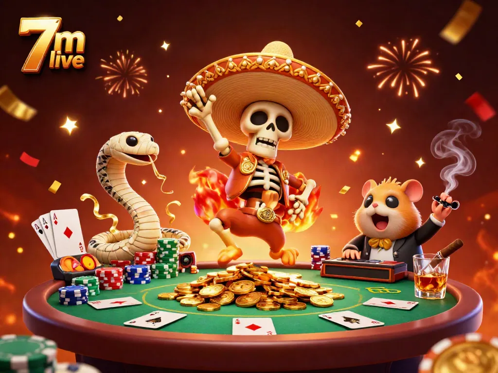 Experience thrilling 7m live scores as a cartoon skeleton celebrates over poker riches.