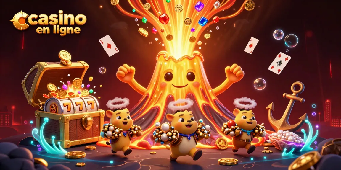 Admirez le volcan d'or éclatant, symbole du casino en ligne, souriant parmi les trésors.