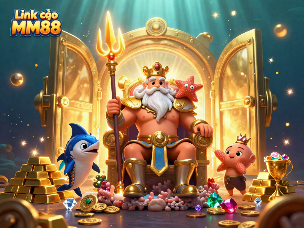 Engage with Link vào MM88's vibrant underwater casino scene featuring Neptune and treasure galore.