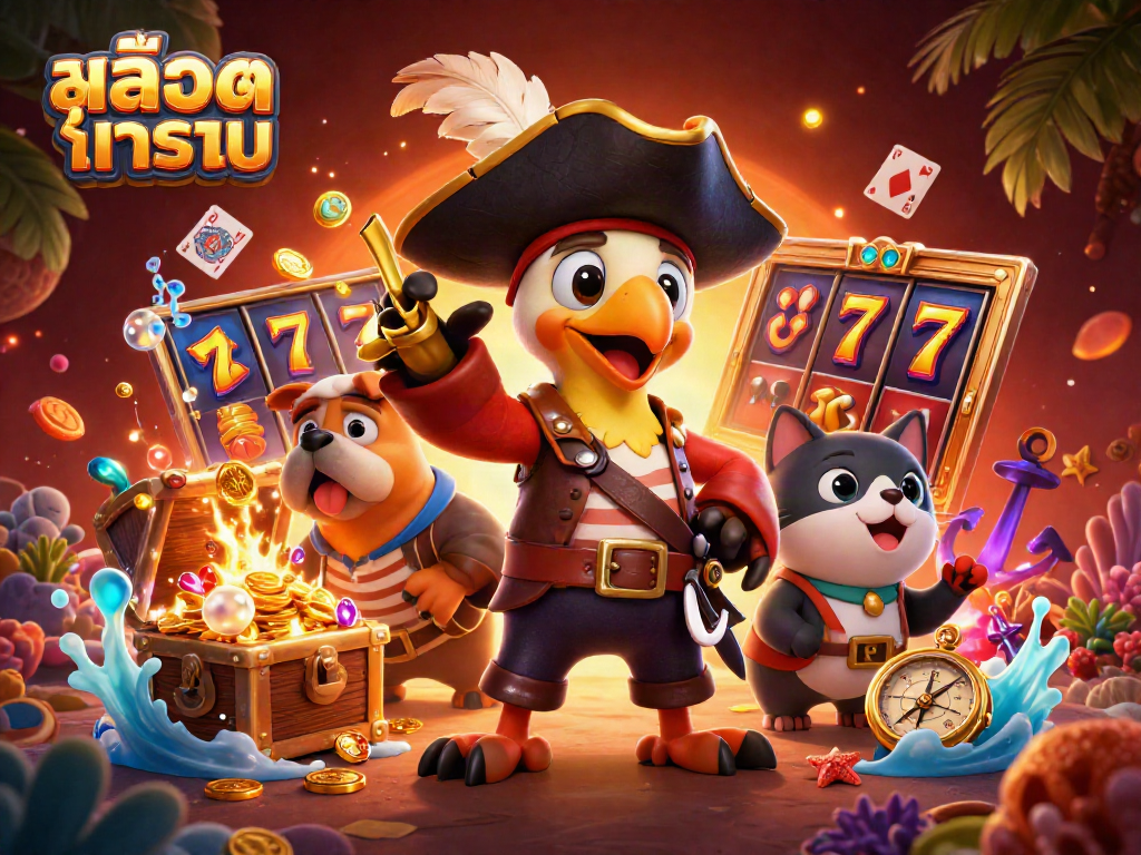 Play exciting สล็อตทดลอง with 3D characters amid treasures, slot reels, and underwater graphics.