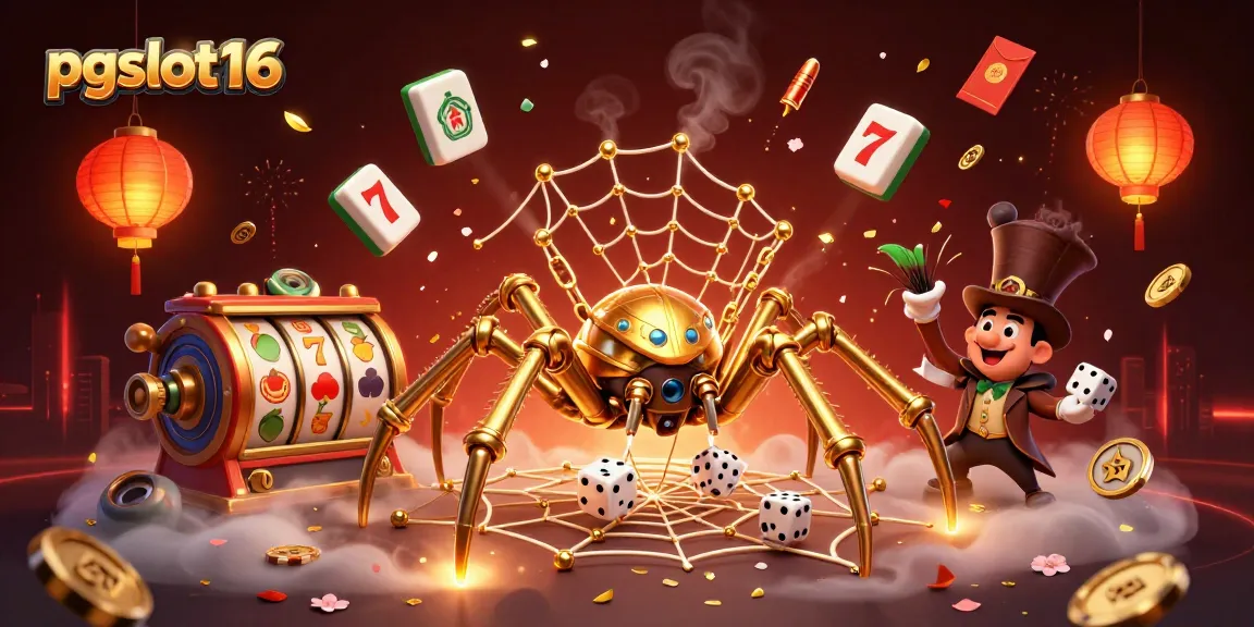 Engage with pgslot16 in this dynamic 3D illustration featuring a steampunk golden spider and vibrant casino elements.